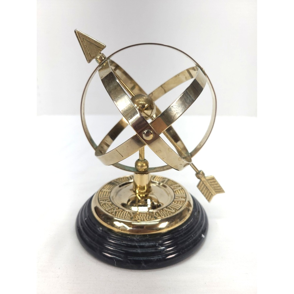 Vintage Brass Armillary Sphere Sundial Desk Sculpture On A Charcoal Marble Base